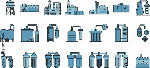 Industrial Water Treatment and Filtration System Vector Icon Set Featuring Purification Equipment, Storage Tanks, Factory Buildings and Wastewater Processing Elements in Blue Line Style