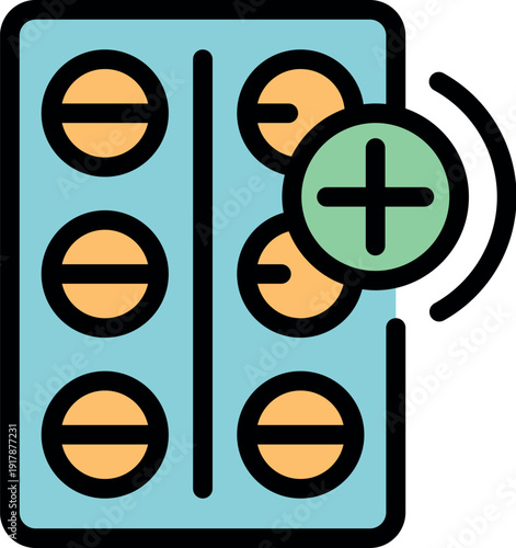 Blister pack of pills with green cross and sound waves symbolizing positive medical effect