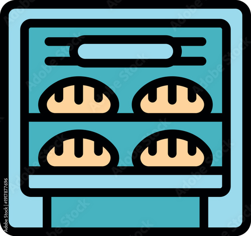 Four loaves of bread baking in a professional oven, showcasing the process of bread making in a commercial setting