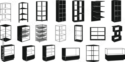 Collection of black retail display shelves, cabinets and storage racks isolated on white background for shop interior design mockup set