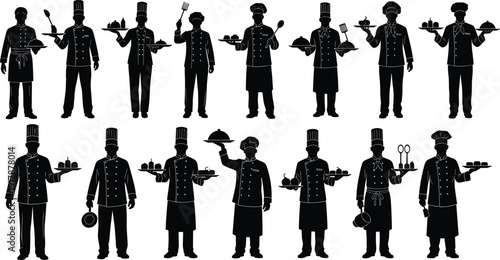 Chef and waiter silhouette collection holding trays and kitchen tools isolated on white background professional restaurant staff service concept set