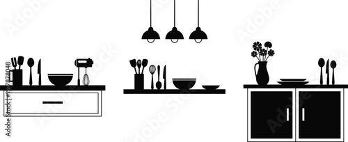 Modern kitchen interior silhouette with utensils, shelves, cabinets and hanging lamps isolated on white background, minimal home cooking concept illustration