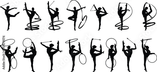 Rhythmic gymnastics athlete silhouette set performing ribbon hoop and rope routines isolated on white background elegant sport movement collection