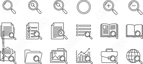 Search and document icon set featuring magnifying glass, folder, file, checklist, open book, chart, and global search in minimalist outline style.