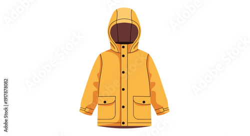 Bright yellow waterproof raincoat with a brown interior hood and black buttons isolated on a plain white background.