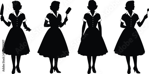 Retro housewife silhouette set holding kitchen utensils isolated on white background, vintage domestic woman cooking concept illustration collection