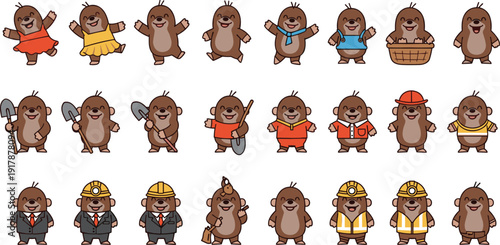 Cute Mole Character Vector Set Featuring Cartoon Moles in Different Jobs, Costumes, Emotions, and Fun Poses for Kids Illustrations