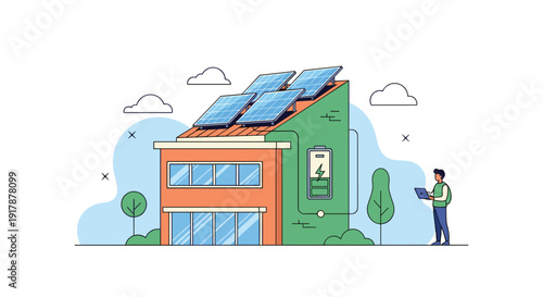 Sustainable living concept with a solar panel powered house and a technician monitoring the battery storage on a laptop computer.