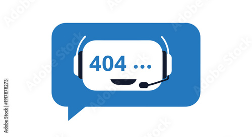 Blue speech bubble contains a white robot head icon with the text 404 for representing page not found errors and tech support.