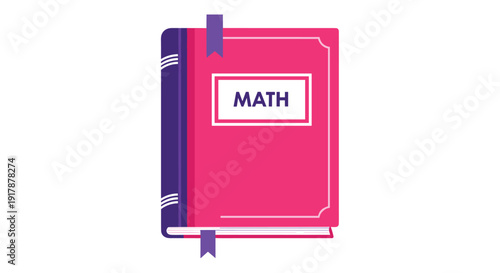 Pink math textbook with a purple bookmark features the word math printed on the cover for educational and school supply concepts.