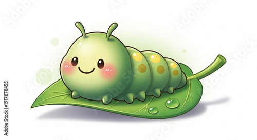 Cute Cartoon Caterpillar on Green Leaf with Water Drops, Isolated on White Background