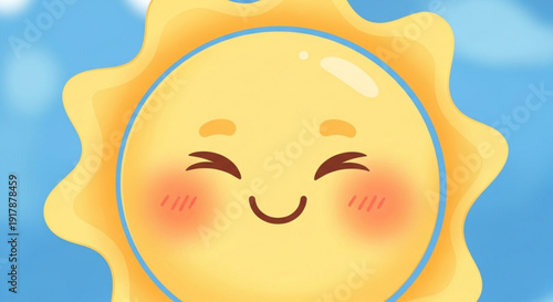 Happy Cartoon Sun with Smiling Face and Blushing Cheeks on Blue Background