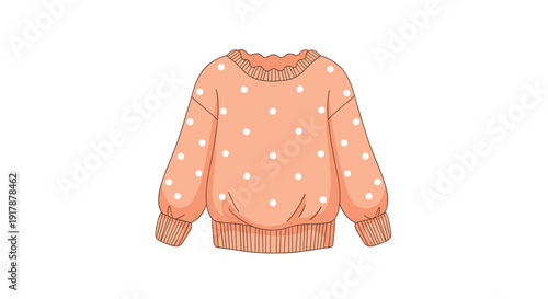 Peach colored long sleeve sweater with white polka dots and ribbed cuffs provides a cozy winter fashion look for seasonal apparel.