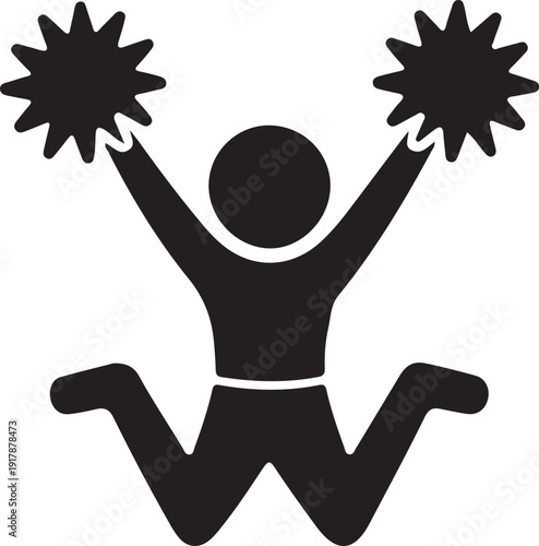 Cheerleader Jump Silhouette with Pom Poms, Black silhouette of a cheerleader jumping with pom poms raised, representing team spirit, celebration, sports support, and energetic performance.