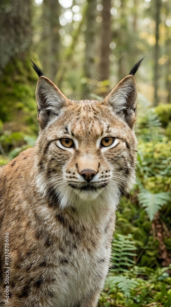 Obraz premium Eurasian lynx portrait with piercing yellow eyes and tufted ears in natural forest habitat. Wild cat predator staring directly at camera among green vegetation.