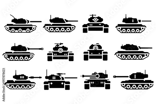 Battle Tank Icon Set with Solid Simple Shapes Vector Illustration