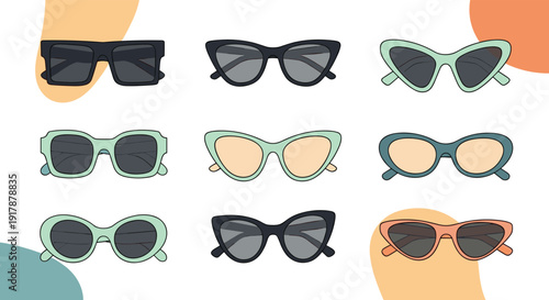 Assortment of nine trendy sunglasses in various shapes and colors like cat eye and square for fashion and summer lifestyle themes.