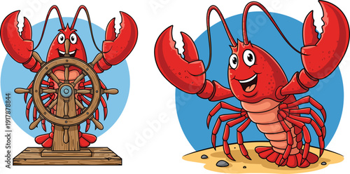 Cartoon lobster at a ship's wheel and a happy lobster on sand Keywords: lobster, cartoon, character, sea, ocean, marine, animal