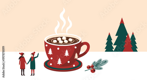 Festive mug of hot chocolate topped with marshmallows is set in a winter landscape with pine trees and small figures of people.