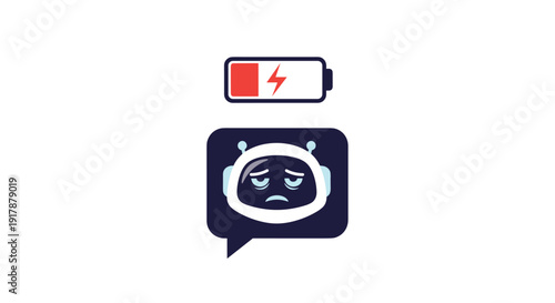 Sad chatbot icon displayed in a dark speech bubble with a low battery symbol above it signifies technical issues and power loss.