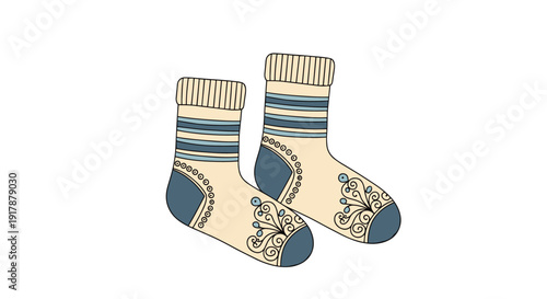 Pair of cozy wool socks featuring decorative blue patterns and stripes offers a warm and comfortable accessory for winter season.
