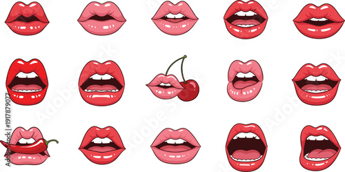 Collage Of Red Lips Expressing Different Emotions And Actions mouth lipstick