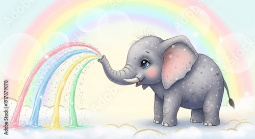 Cute Cartoon Elephant Touching Rainbow in Cloudy Sky