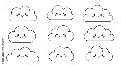 Set of nine cute hand drawn cloud characters with various smiling faces offers a friendly and playful weather icon collection set.