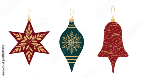 Trio of traditional christmas tree decorations including a star ornament a bell and a teardrop shape in rich red and green colors.