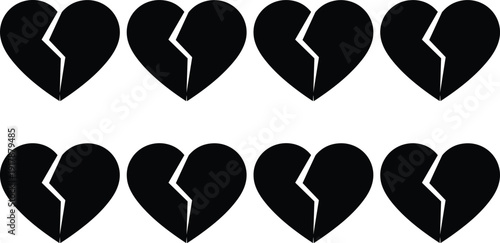 Set of broken heart symbols in black, jagged split design, emotional vector illustration representing heartbreak, sadness, loss, love, and relationship themes