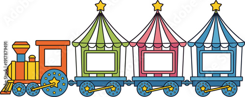 Colorful cartoon circus train with empty frames on white background Keywords: train, circus, cartoon, children, toy, carriage