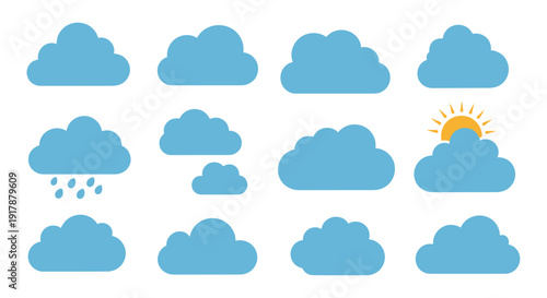 Set of twelve blue cloud silhouettes including weather variations like rain and partial sun for simple graphic design elements.