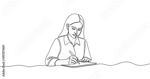 Line art of young caucasian female writing on paper. No editable stroke