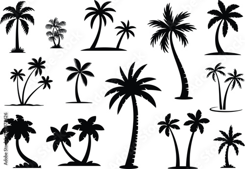 Palm tree silhouettes, tropical design, exotic nature, beach theme, botanical illustration, decorative resource, landscape art