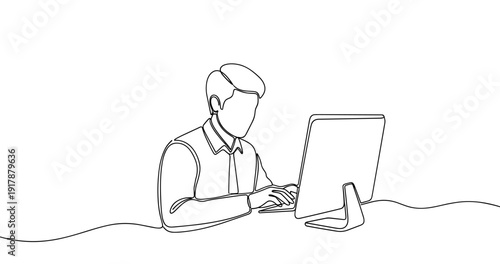 Line art of young caucasian male using computer at desk. No editable stroke