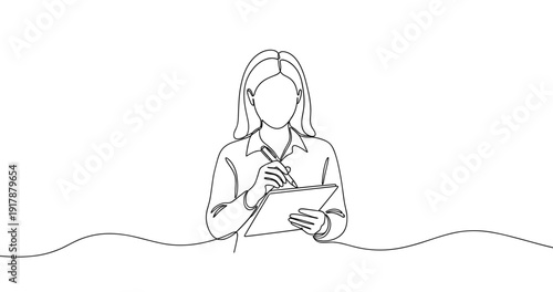Line art of female using digital tablet for creative work. No editable stroke