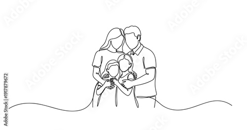 Continuous line drawing of caucasian family: parents with children embracing. No editable stroke