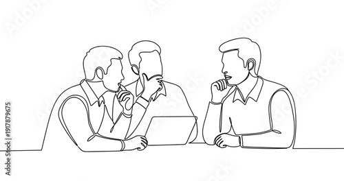 Discussion among three businessmen at laptop: collaborative planning. No editable stroke