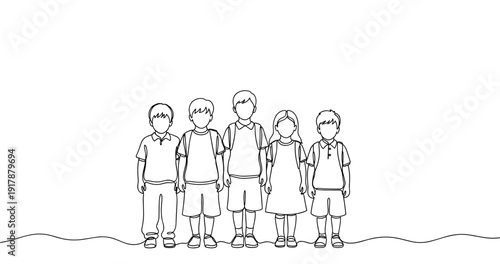 Line drawing of diverse children standing together. No editable stroke