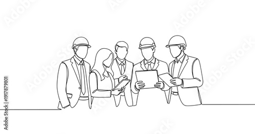 Team of engineers and architects collaborating on project. No editable stroke