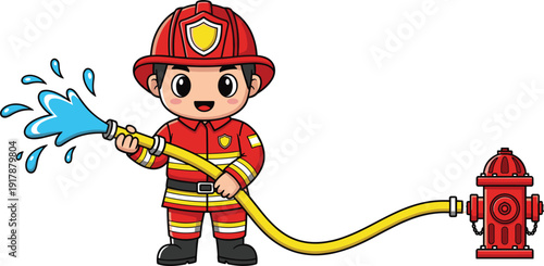 Cute Firefighter Character Holding Water Hose Spraying Water On White Background vector illustration
