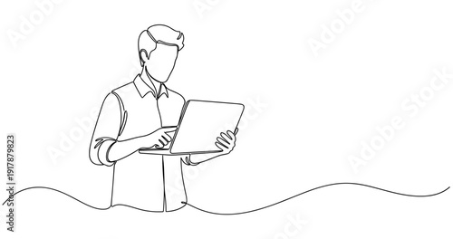 Young caucasian male using laptop - line art illustration. No editable stroke
