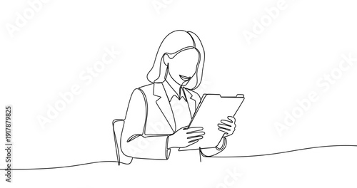 Female professional reviewing clipboard - line art illustration. No editable stroke