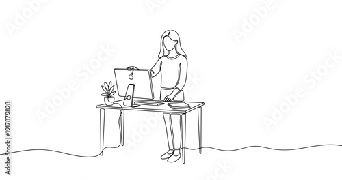 Continuous line art of young caucasian female working at desk with computer and plant. No editable stroke