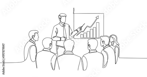 Line drawing of business presentation with male presenter and audience observing growth chart. No editable stroke