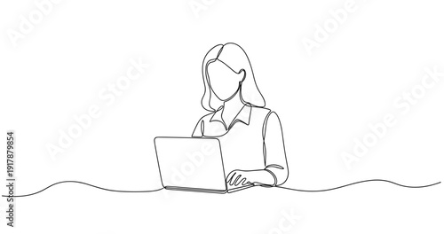 Line drawing of a person using a laptop at a desk. No editable stroke