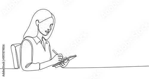 Continuous line drawing of young caucasian female using tablet. No editable stroke