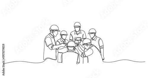 Team of engineers discussing project plans in a meeting. No editable stroke