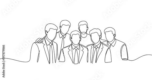 Group of six businessmen in suits - line art illustration of caucasian and hispanic adult males. No editable stroke