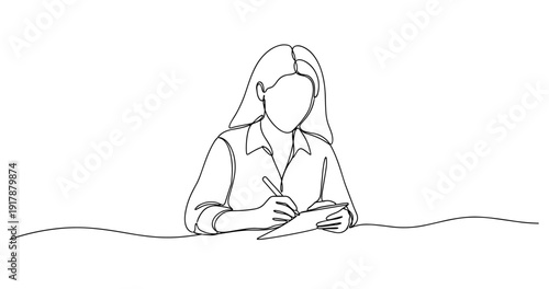 Female engaged in writing at desk - line art illustration. No editable stroke